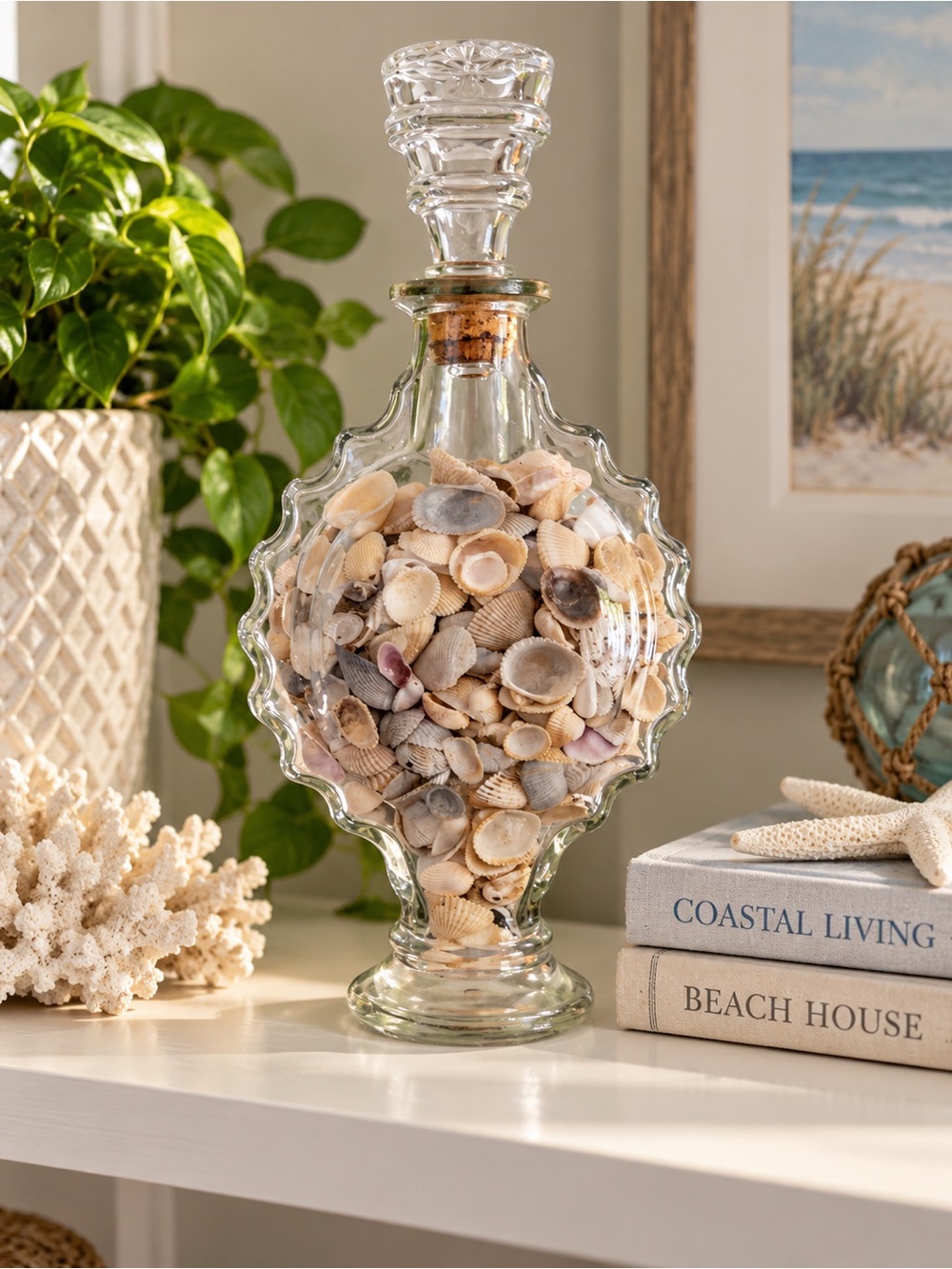 Vintage Style Glass Decanter Bottle with Natural Seashells Coastal Beach Decor